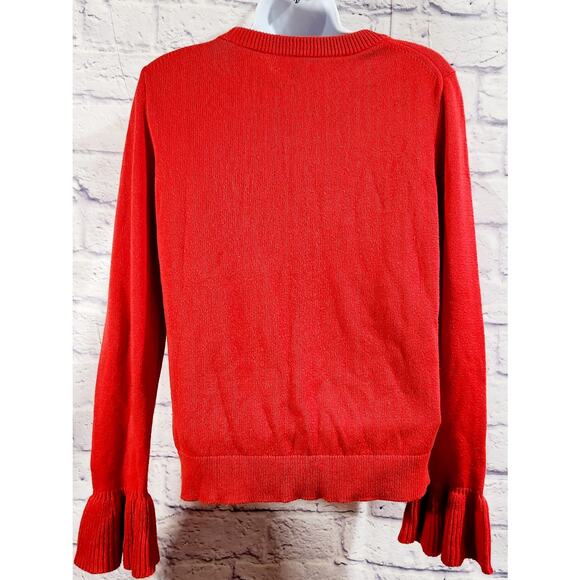 J. Crew Red Long Sleeve Ruffled Cuff Round Neck Sweater Top Small Lightweight - Picture 4 of 6